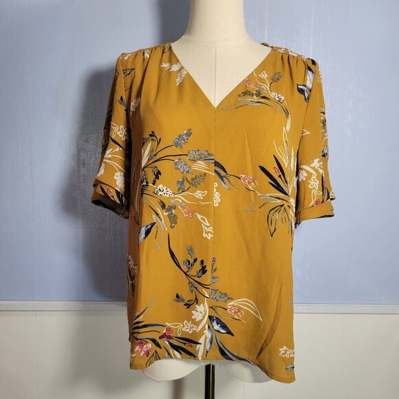 Ivanka Trump Extra Small Goldenrod Floral V Neck Ruffle Short Sleeve Bouse - Picture 1 of 10